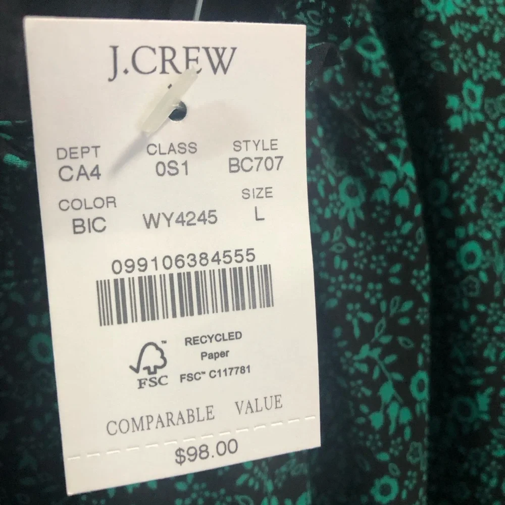 J.CREW N.W.T.‎ Size Large Color Green/Black Floral Print Mini Smocked Drop Waist